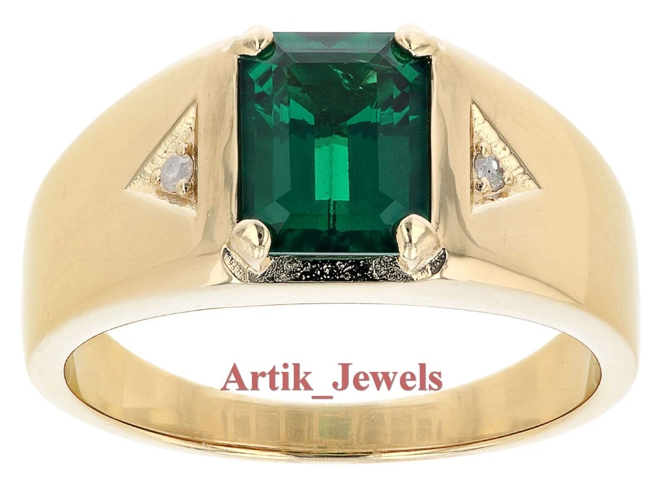 Labor Erstellt Smaragd & Cz Edelstein Mit 14K Vergoldet Silber Ring für Herren # - Bild 3 von 4