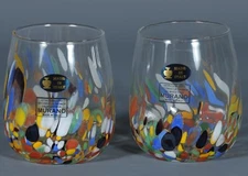 2 MURANO WHITE CRYSTAL MULTI CONFETTI Stemless Red Wine Glasses 12 oz. Italy