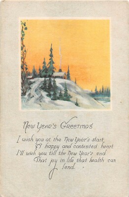 Snowy Home Scene on Hill With Evergreens at Sunrise-Old Art Deco New Year PC-360