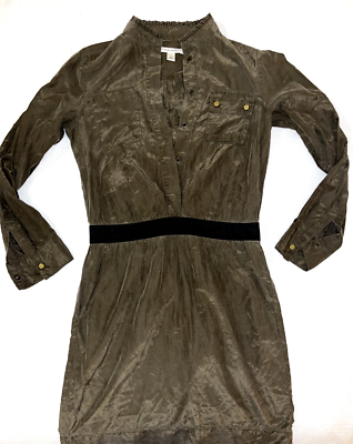 BANANA REPUBLIC Olive Army Green Silk Dress Snap Front Black Waist Band  Size 0 | eBay