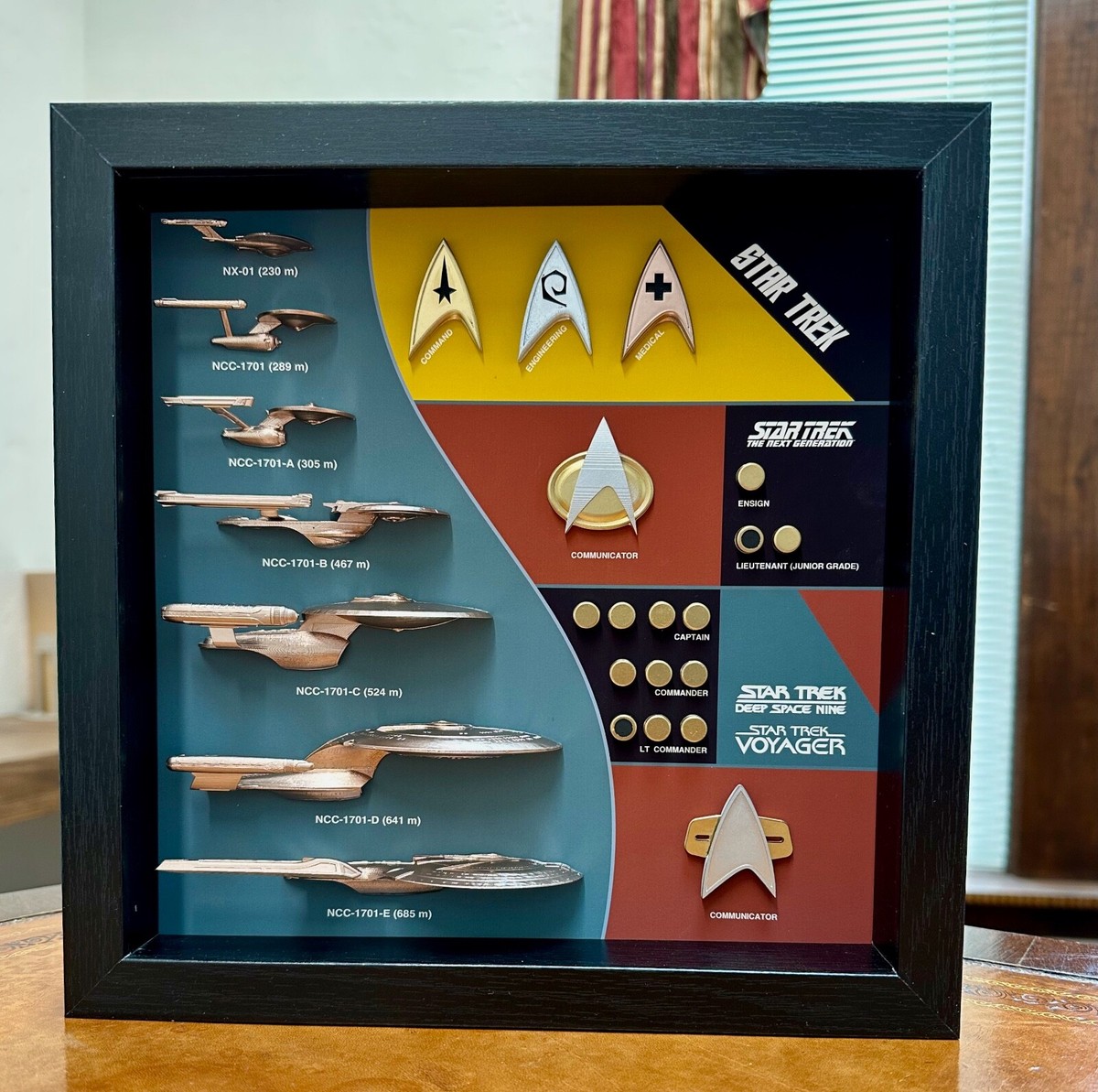 Ship & Combadge Display Shadow Box Star Trek, Enterprise, Large