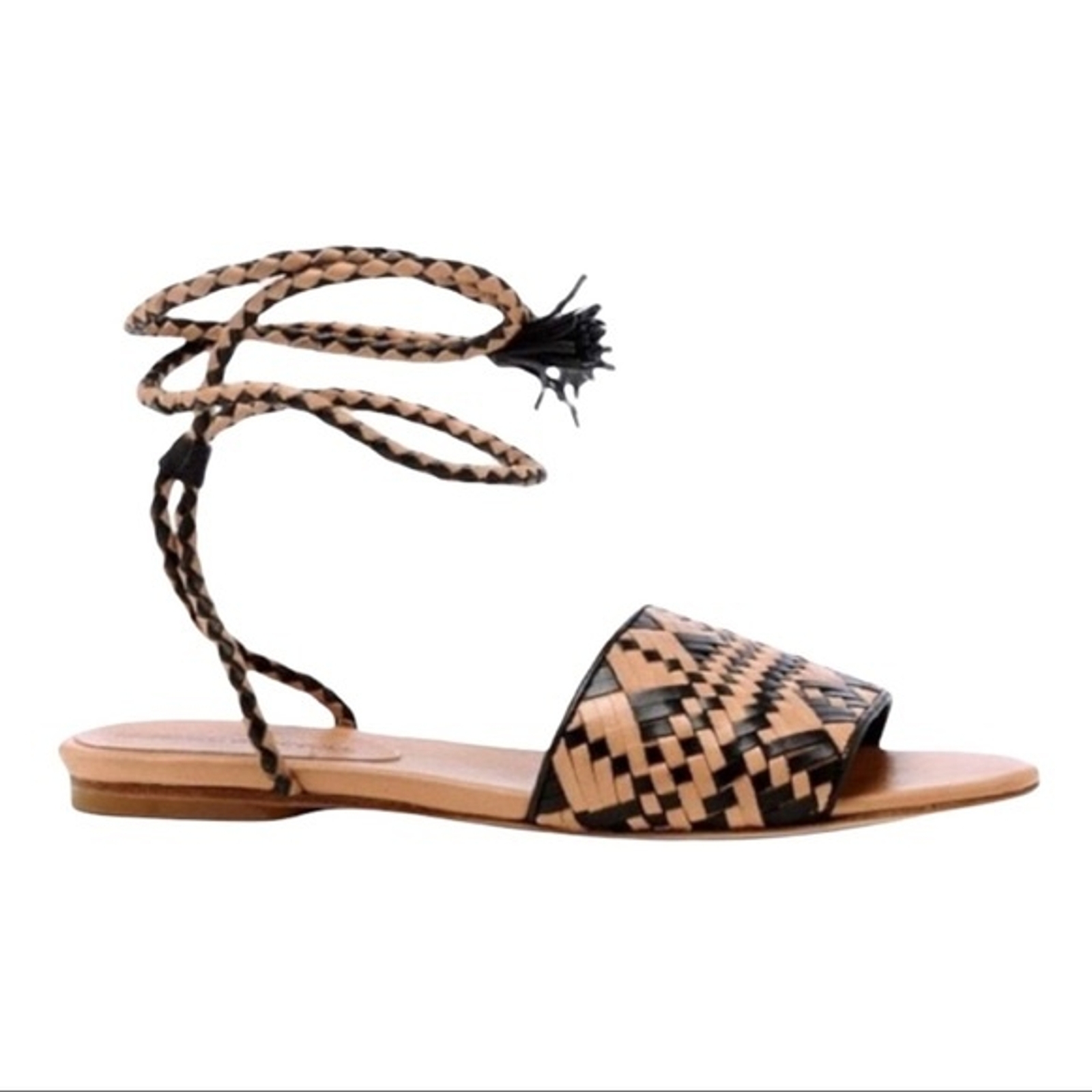 Rebecca Minkoff Black u0026 Tan Woven Leather Fringe Tassel Lace Up Flat Sandals  | eBay