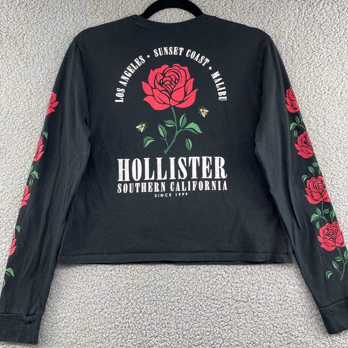 Hollister Graphic Tee T Shirt Women Long Sleeve Small Black Rose Roses