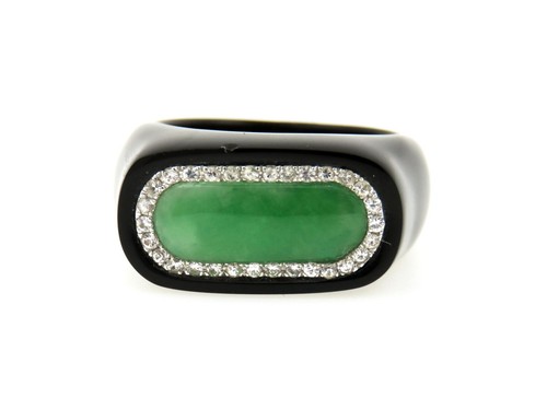 Onice, Diamante 0.30ct. & Giada 3.00ct. Set Oro Bianco 18ct. Anello Misura UK: O