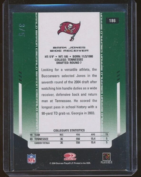 2004 Leaf Certified MARK JONES Mirror Emerald AUTO 3/5 RC #186 Bucs TENNESSEE - Image 2 of 3