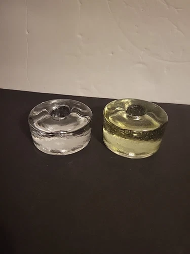 2 Blenko #990A Vintage Art Glass Clear Candle Taper Holder Puck