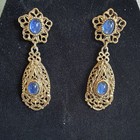 Vintage Gold Tone Filigree Blue Glass Cabochon Victorian Revival Statement
