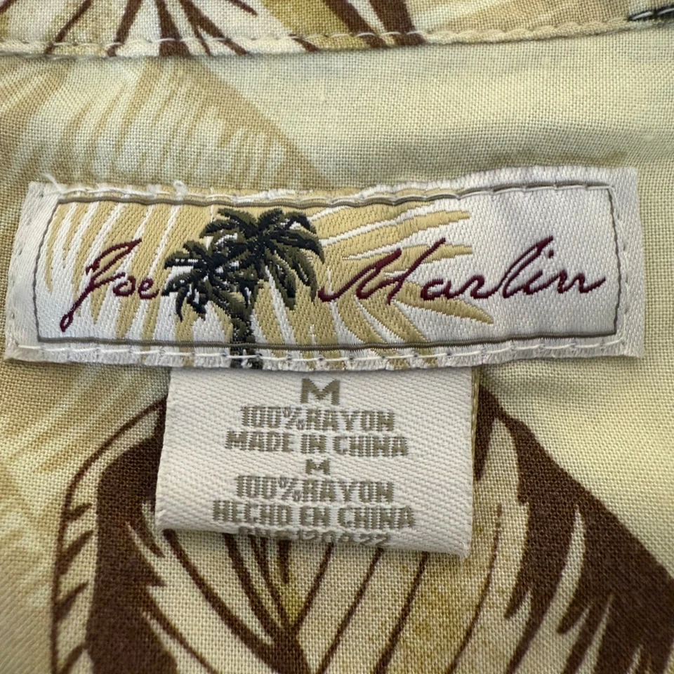 Joe Marlin Mens Medium Hawaiian Shirt Beige Rayon Tropical Leaf Print Button Up - Image 2 of 4
