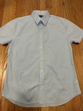 Express Solid Blue Short Sleeve Point Collar Button-Front Dress Shirt L 16-16.5