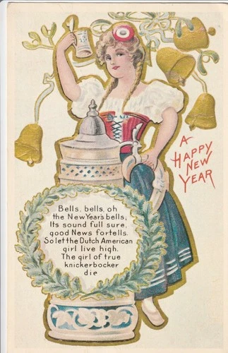 Vintage Unused Happy New Year Postcard Woman Ringing Bells w Poem