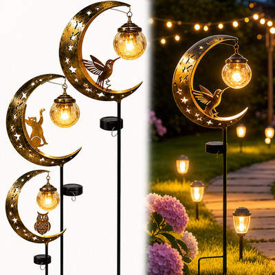 Hummingbird Half Moon Solar Stake Lights Crackle Glass Globe LED Pathway Decor