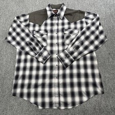 Plains Western Wear Shirt Mens Large Gray Black Plaid Pearl Snap Cowboy Western