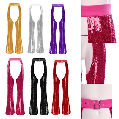 US Sexy Womens Y2K Rave Chaps Adjustable Waist Sequin Flare Pants Clubwear Party