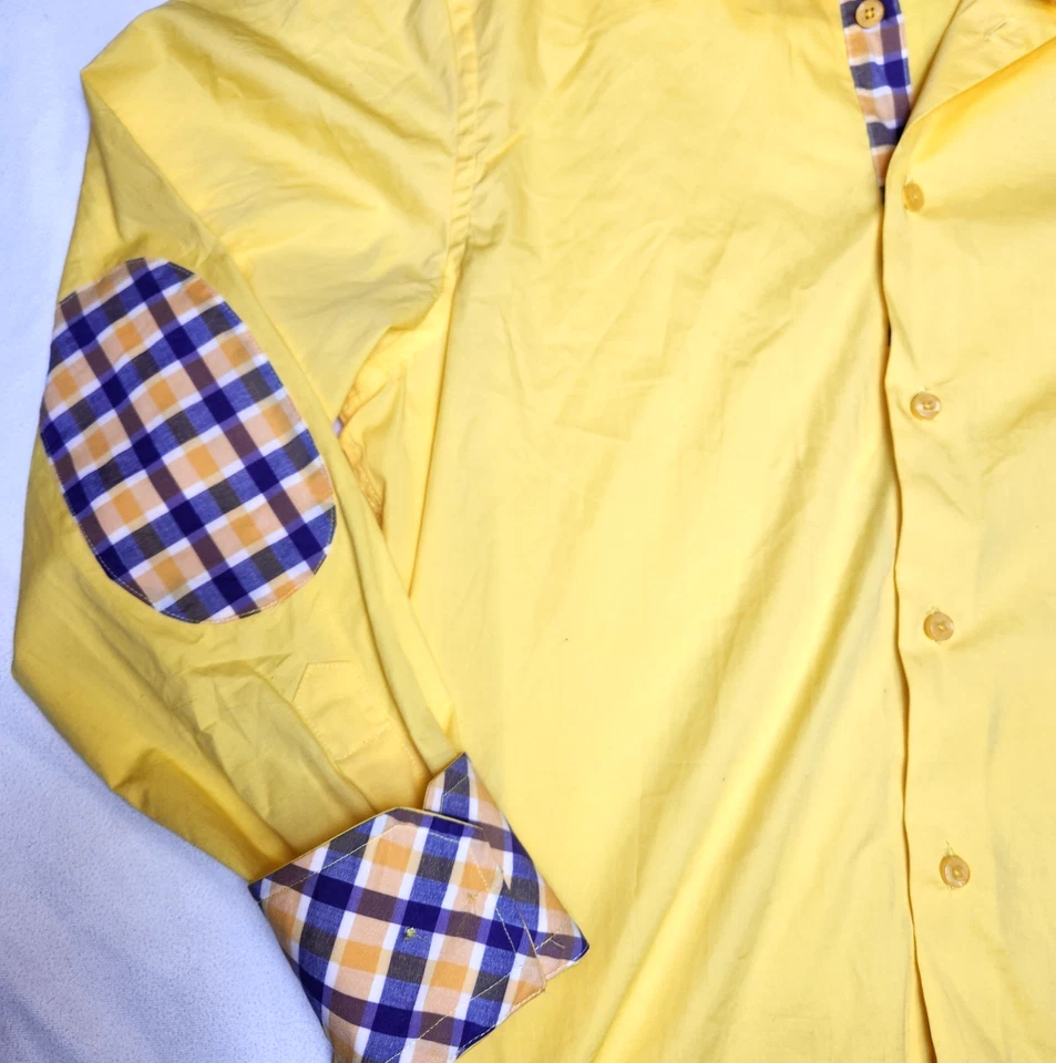 BriO 1818 Milano 男式正装衬衫黄色和格子带肘贴尺寸 M 15-15.5 — 第 3/4 张图片