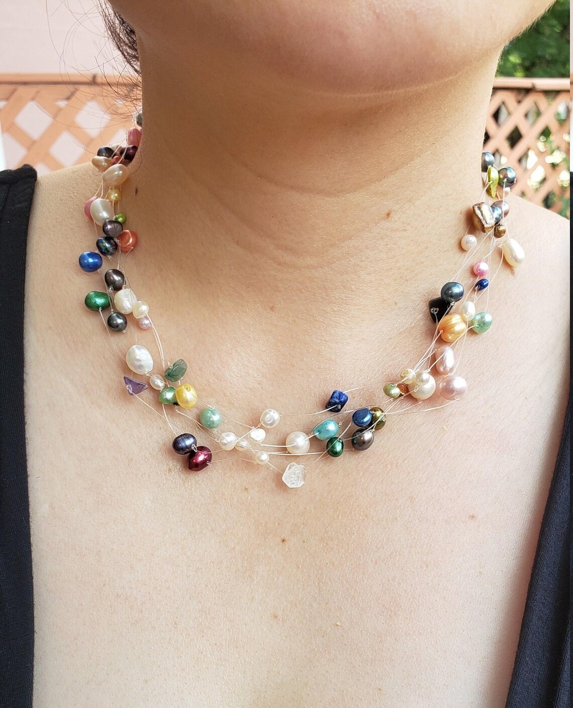 Multicolor Pearl illusion Statement Necklace - 17… - image 2
