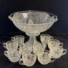 McKee Glass Concord Clear Glass Pedestal Punch Bowl Set 10 Cups and Stand