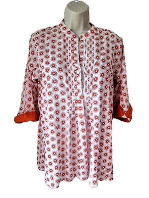 Roberta Roller Rabbit ORANGE Print ARLES Blouse/Tunic Turn Back Cuff Pintucks Sm