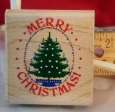 Wood Rubber Stamp - MERRY CHRISTMAS Circling Decorated Tree - Rubber Stampede