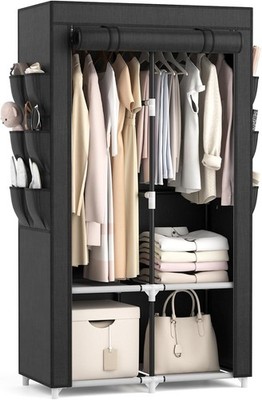 Portable Closet Wardrobe Closet for Hanging Clothes with 4 Storage Black