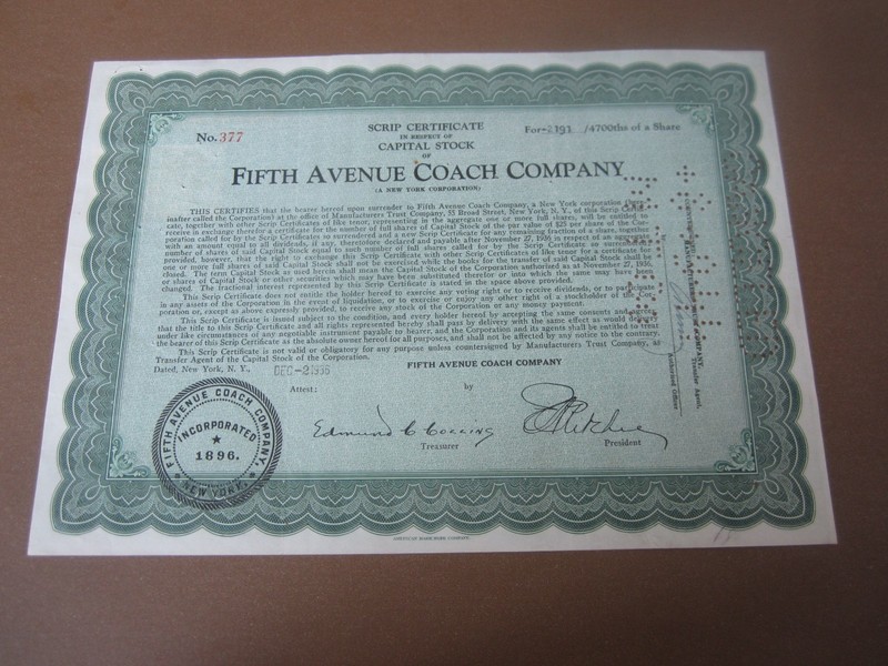 1936 - FIFTH AVENUE COACH COMPANY - Stock Certificate - Scrip - N.Y.