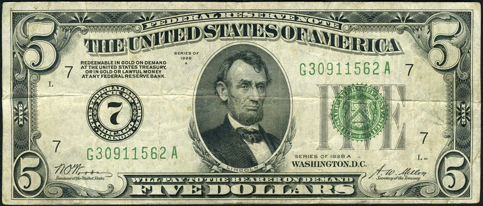 FR. 1951 G* $5 1928-A Federal Reserve Note Chicago G-A Block VF - Image 2 of 3