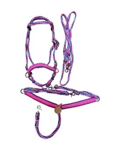 pony tack set handbraided in hot pink, lilac, and neon turquoise