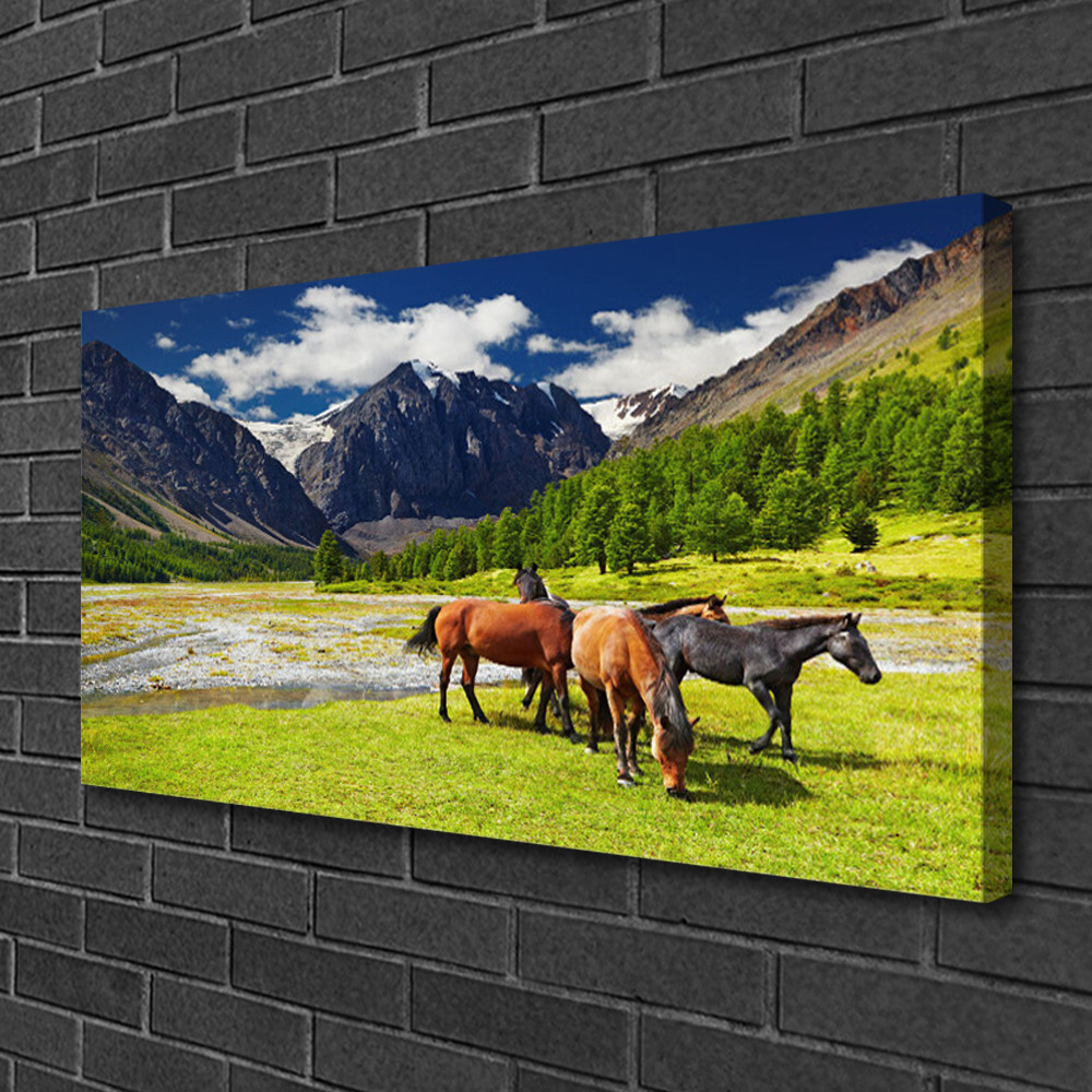 Impression sur toile de lin avec grand tableau paysage de montagne et cheval