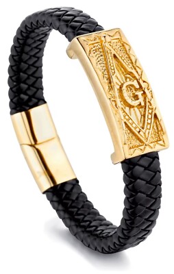Men's Freemason Masonic Bracelet Gold Plated Magnetic Leather Wristband 8.3''
