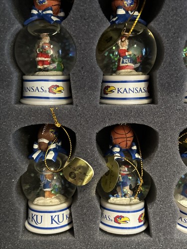 Set 24 Kansas University KU DANBURY MINT SNOW GLOBE Xmas Ornament Football Baske - Picture 9 of 14