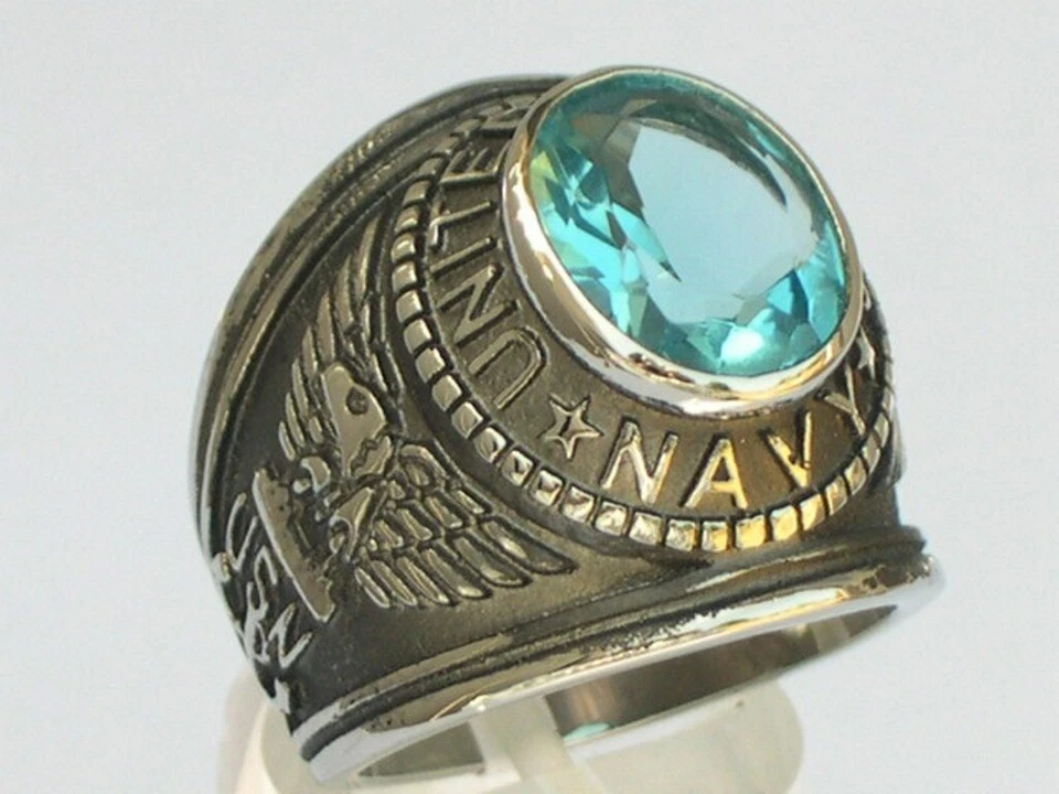 United States Navy Military Aqua March Birthstone Stainless Steel Men Ring 7-14 - Image 2 of 4