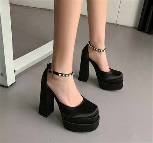 ankle strap platform black heels