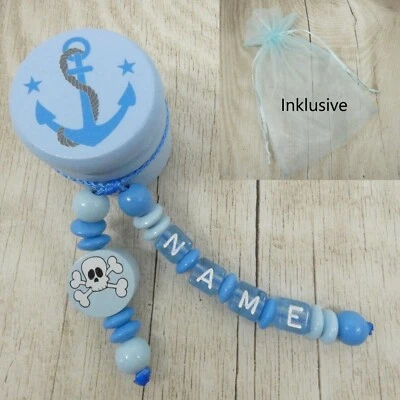 GIFT-STORE24 Milchzahndose mit Namen, blau, Holzdose, Anker, Pirat, Junge, Zähne