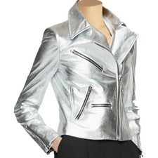 Women's Brando Metallic Foil Silver Slim-fit Biker Retro Rider Leather Jacket