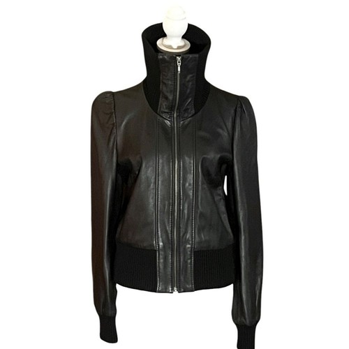FRENCH CONNECTION BLACK LEATHER PUFF SLEEVE JACKET GREAT COND SIZE 8 - Picture 4 of 11