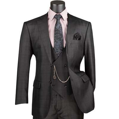 BIG & TALL Men's Black Sharkskin Glen Plaid 3 Piece Classic Fit Suit NEW