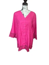 Collections Etc. Women’s Pintuck Lace Trim Button Down V Neck Tunic XL