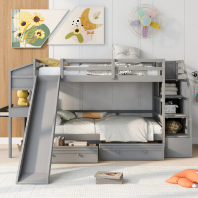 ベッド Twin Over Twin Bunk Bed with Slide&Storage Staircase Solid Wood