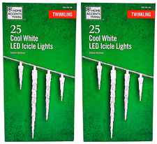 25 Cool White LED Icicle Lights Twinkling - SET OF 2 Home Accents Holiday NEW