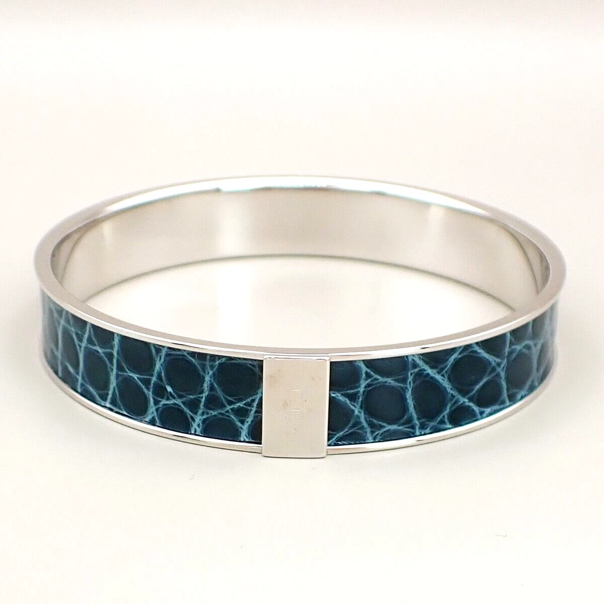 HERMES Logo Kawaii Bangle Bracelet #S Leather Blue Silver 32KA475