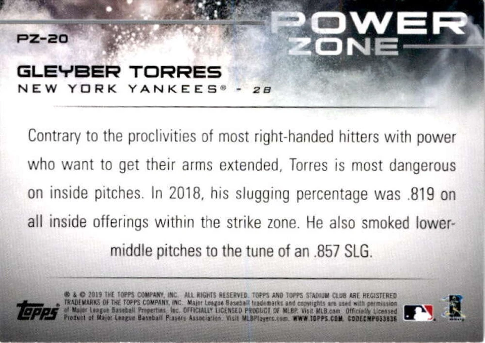 2019 Topps Stadium Club Power Zone #PZ-20 GLEYBER TORRES   New York Yankees  - Image 2 of 2