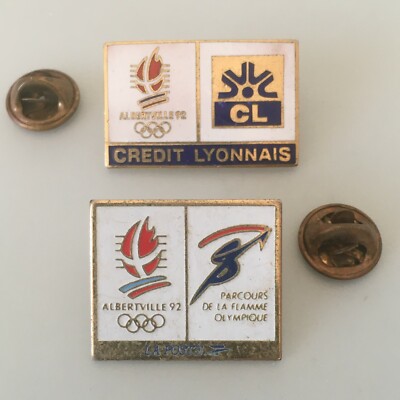 LOT 2x Albertville 92 Olympische Winterspiele Abzeichen Pins Credit Lyonnais & La Poste
