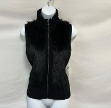 Guess Medium Black Faux Fur Trim Sweater Vest Full Zip Front Mock Neck Mobwife