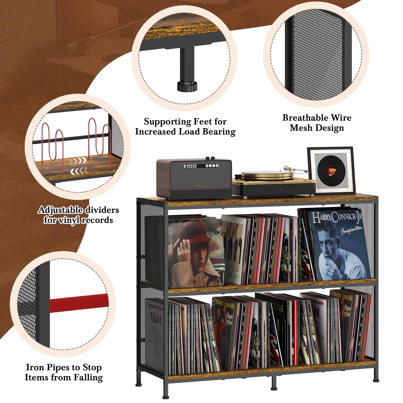 Vintage Player Table W Spacious 3 Tier Vinyl Record Storage, Up to 450 Records