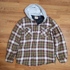 Wrangler Mens Quilted Lined Flannel Shirt Jacket w/hood Brown Sz L Chore Shacket