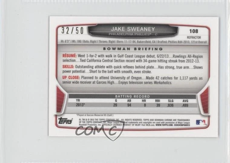 2013 Bowman Chrome Minis Gold Refractor /50 Jake Sweaney #108 - Image 2 of 2