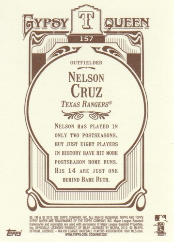 2012 Topps Gypsy Queen Baseball #157A Nelson Cruz - Picture 2 of 2