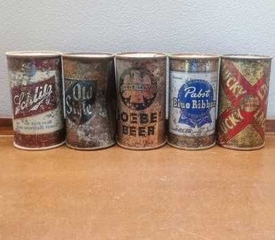 Lot of FIVE Flat Top Beer Cans - Schlitz Pabst Lucky Goebel Old Style Rusty 