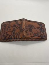 Vintage Tooled Wildlife Country Bifold Leather Whipstitch Brown Wallet