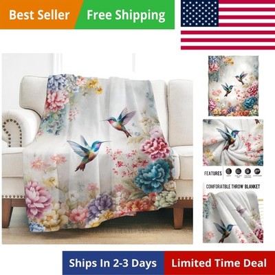 Hummingbird Flower Blanket Gifts for Women Girls Mom, Colorful Floral Print D...