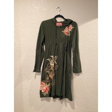 Johnny Was Embroidered Floral Crane hooded Boho green flare mini Dress Size M